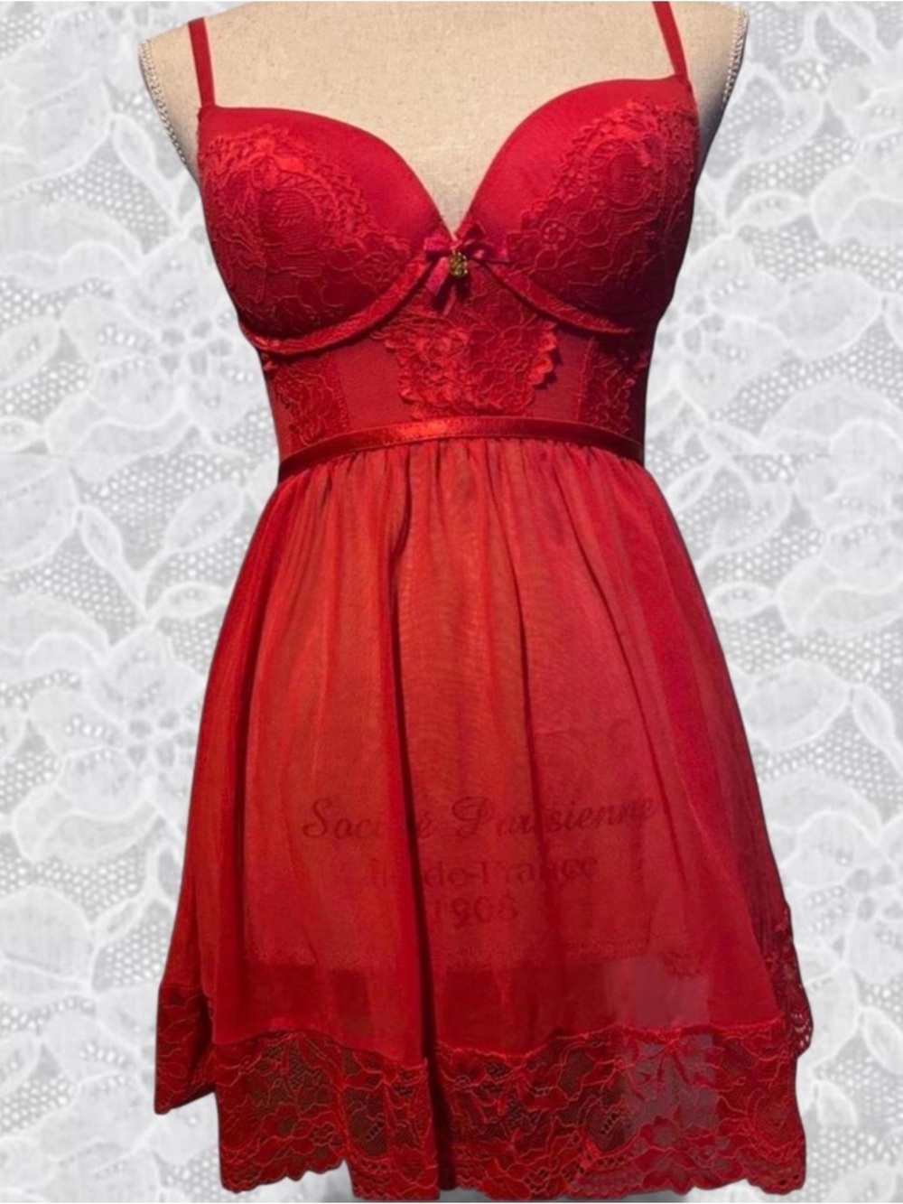 Adorable Red lace Lace Babydoll Lingerie dress <33